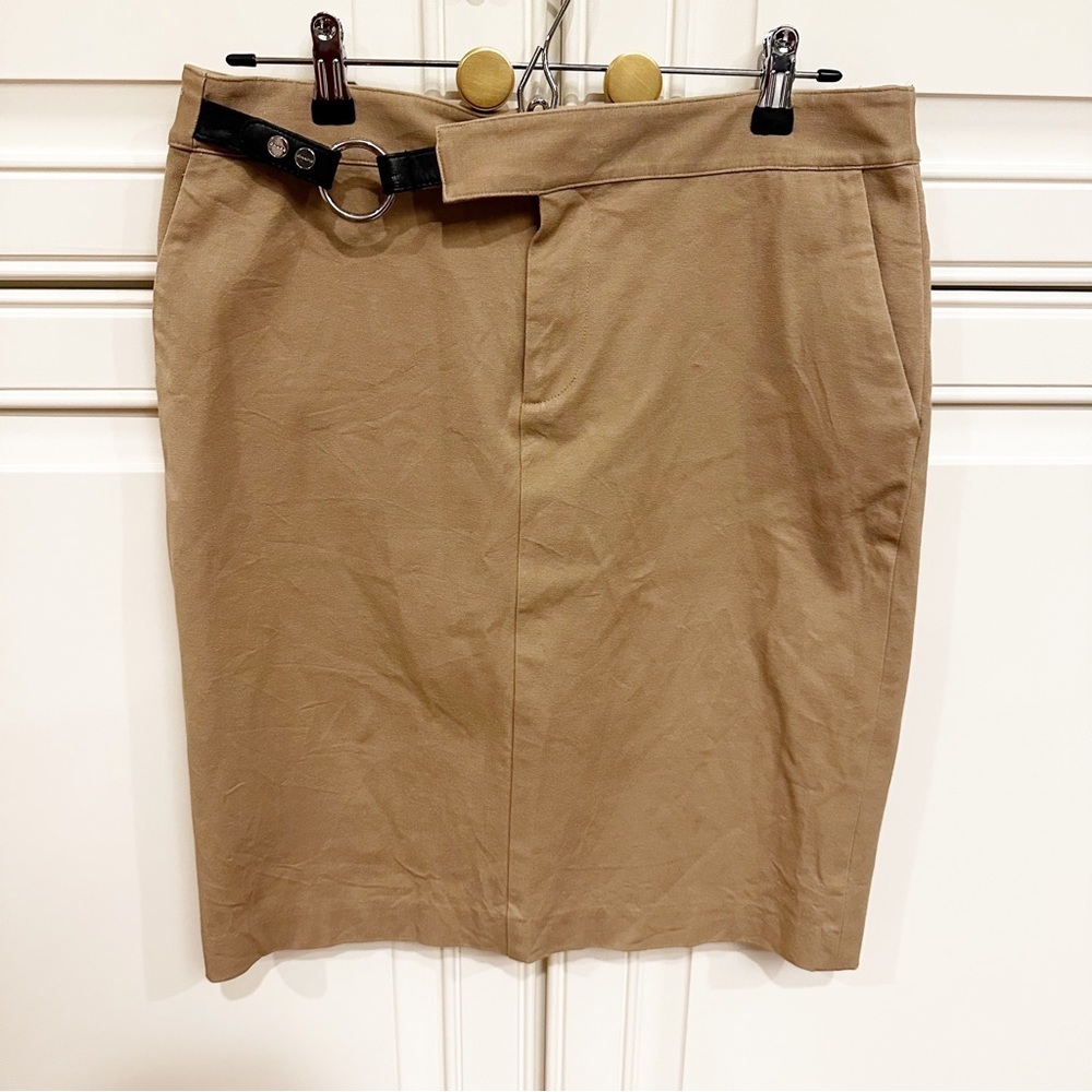 Ralph Lauren Chaps Preppy Womens Tan Knee Length Cotton Skirt Black Leather Belt